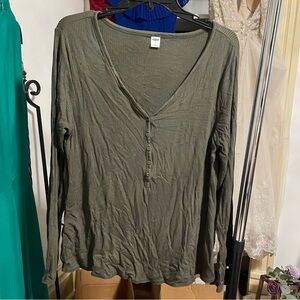Olive Green V-Neck Henley Women's Top
